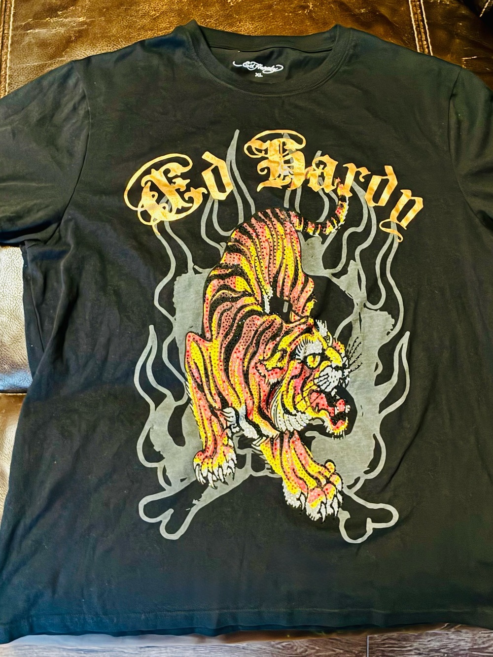 Y2K Ed Hardy Black Tee with Bedazzled Tiger Graphic